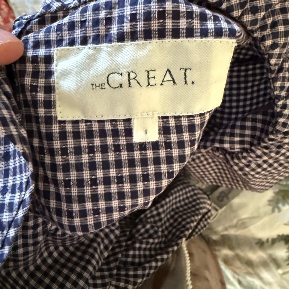 THE GREAT. Black, Navy, White Checkered Top. Ruffle collar. Size Small. - Picture 2 of 4